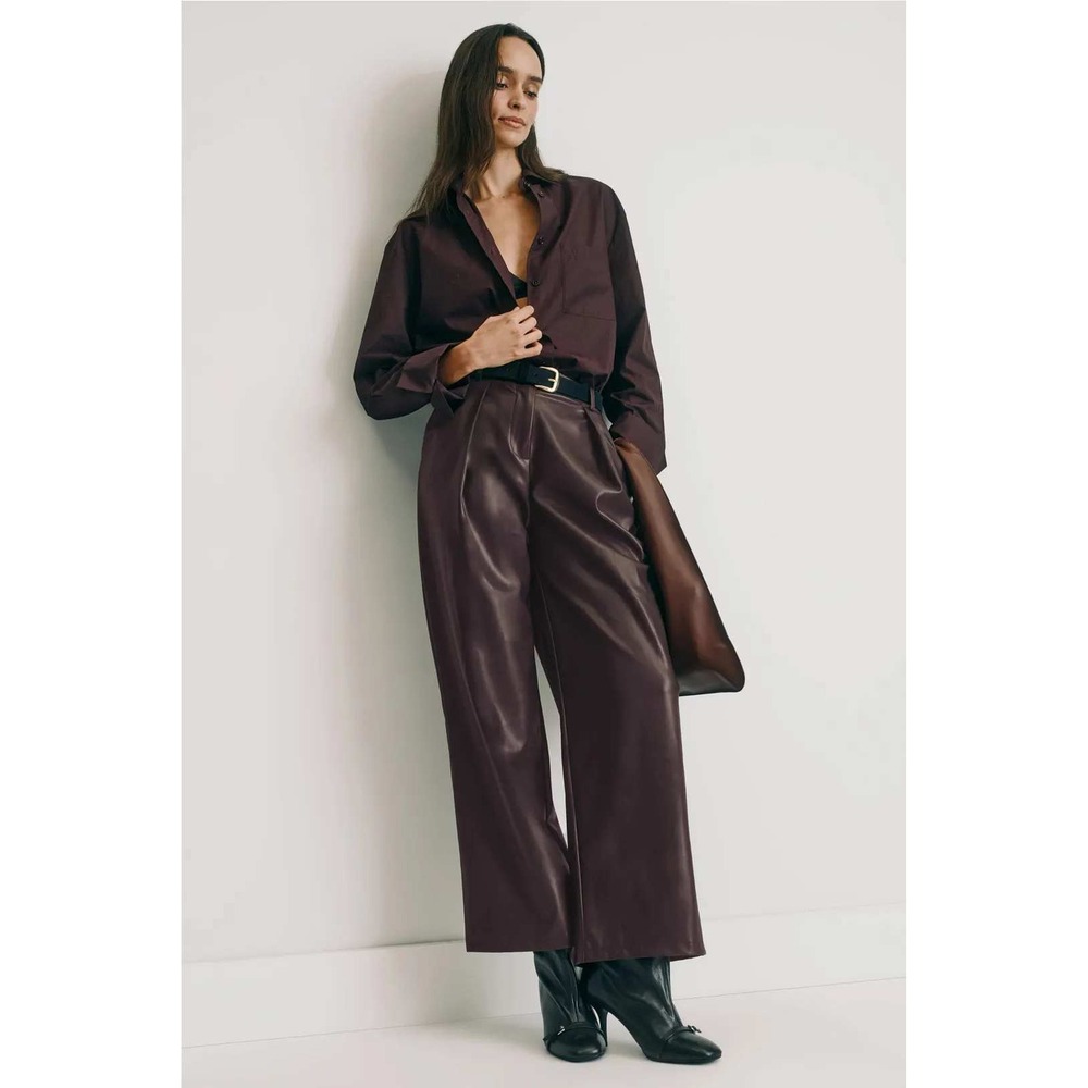 ba&sh Dark Brown Faux Leather Wide Leg Pleated Pants Size 40 Chocolate Brown